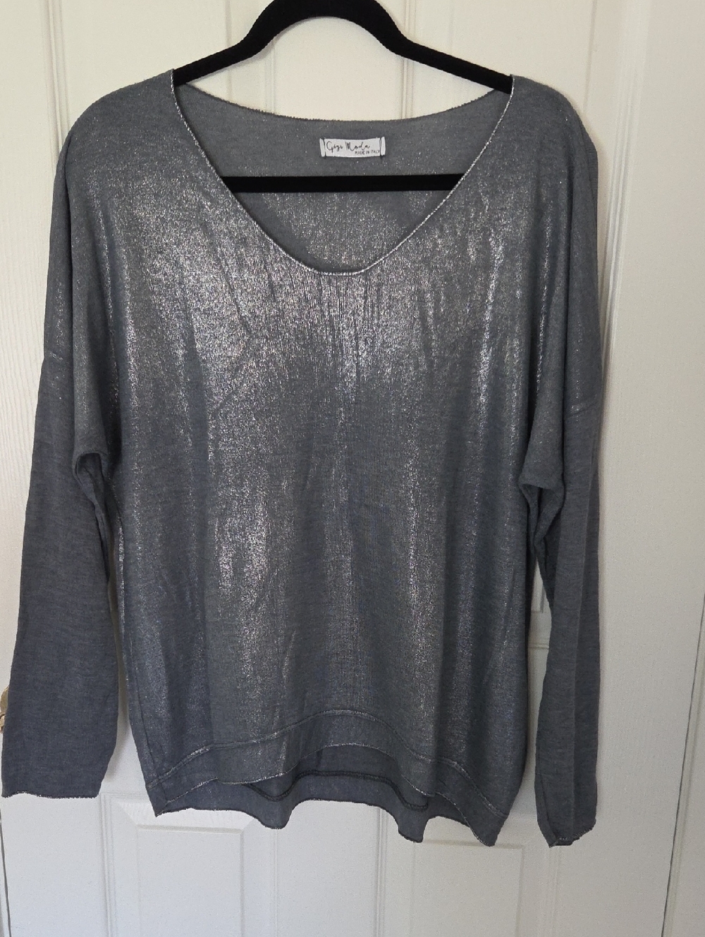 Metallic Scoop Neck Pullover in Silver
